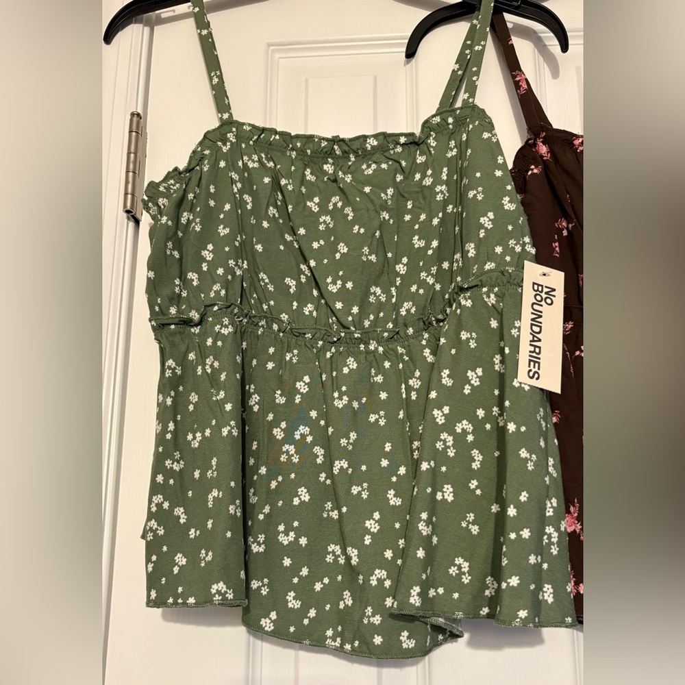 No Boundaries Size Small Green Brown Floral Woven Ruffle Tops Lot of 2 New ^ - Picture 2 of 16